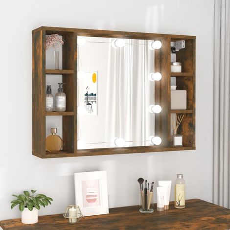 Armoire à miroir avec LED, Armoire de Salle de Bain, Armoire de Rangement Murale Chêne fumé 76x15x55 cm HYB88004 (1/5)