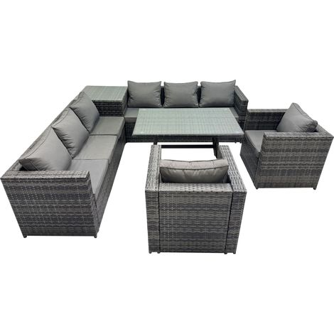 Fimous Outdoor Corner Sofa Chair Dining Table Set Garden Rattan Furniture Set 8 Seater with Side Table Dark Grey (1/5)