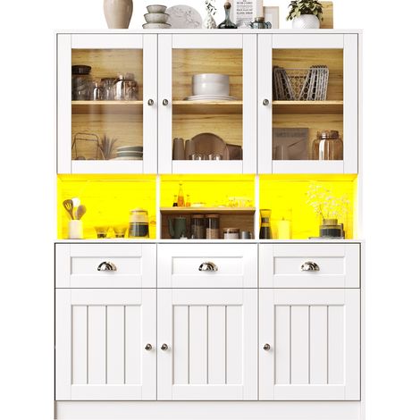 Armoire de cuisine (140×40×175 cm), meuble haut de cuisine, vaisselier, buffet avec étagères réglables, buffet avec éclairage LED, couleurs de lumière variables, blanc/noir (1/5)