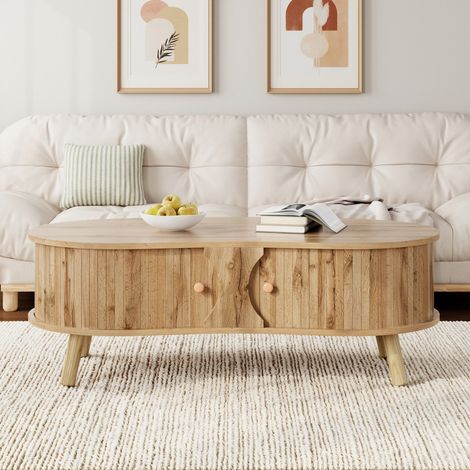 Table basse en forme de haricot 108x50x37cm - Design rainuré avec portes coulissantes - MDF et Bois massif Naturel (1/5)
