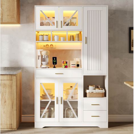 Credenza alta da cucina stile fienile, 105 x 40 x 185 cm, MDF bianco, LED e prese (1/5)