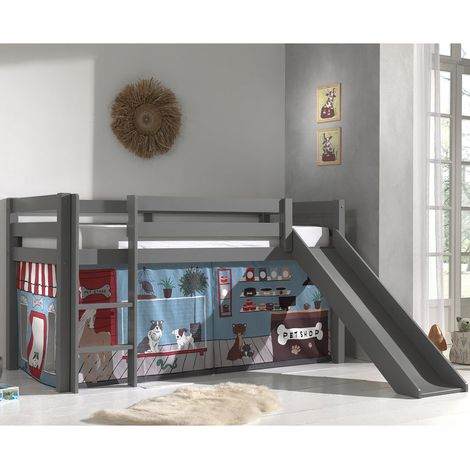 Cama de media altura 90x200 con tobogán, somier y funda Pet Shop Vipack Pino Gris (1/4)