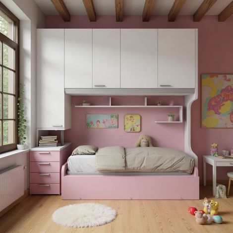Cameretta a ponte con letto estraibile e spazio intelligente - bianco e cipria