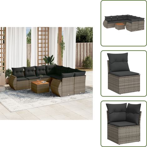The Living Store 9-tlg. Garten-Sofagarnitur mit Kissen Grau Poly Rattan - Gartenmöbel - Sofas - Outdoor Möbel - Lounge Set - Rattan Gartenmöbel (1/5)