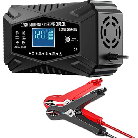 Chargeur de batterie de voiture 12 A, chargeur de maintien de charge intelligent et entièrement automatique 12 V et 24 V avec compensation de température (noir) (1/5)