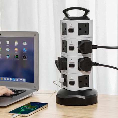 Multiprise tour 15 prises + 2 ports USB avec prise britannique et protection contre les surtensions (1/5)