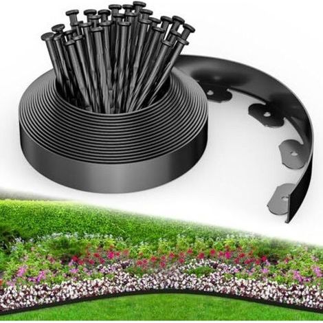 Bordure de jardin en plastique, 10 m, avec 30 piquets, flexible pour bordures de parterres de fleurs, bordures de gazon, pelouses et allées (1/5)