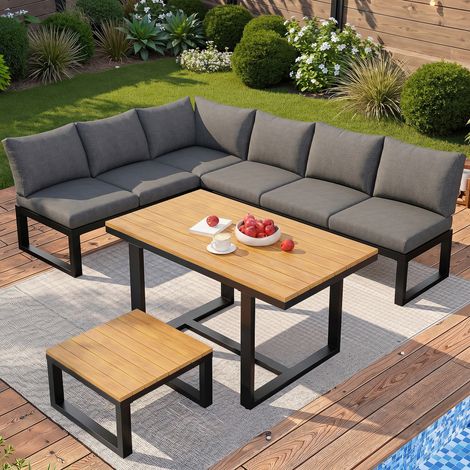 Ensemble de salon de jardin 6 pièces 220x167x78 cm avec dossier réglable - canapé d'angle avec table et table basse Métal+ bois Gris (1/5)