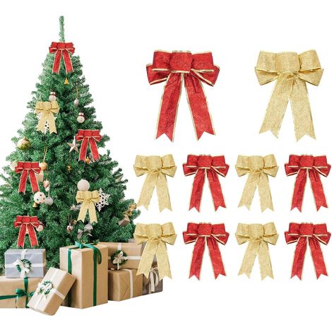 10 gros nœuds rouges or 18x23 cm, décoration escalier couronne porte sapin Noël (1/4)