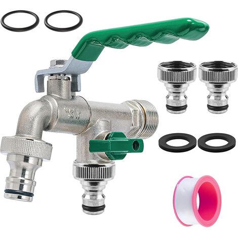 Robinet universel de jardin double 1/2" et 3/4" en alliage d'aluminium avec 2 sorties d'eau + 2 joints toriques, joints d'arrêt d'eau + 2 bandes d'étanchéité à rouleau, robinet extérieur (1/5)