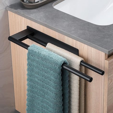 Toallero doble autoadhesivo de pared en acero inoxidable negro para baño o cocina. (1/5)
