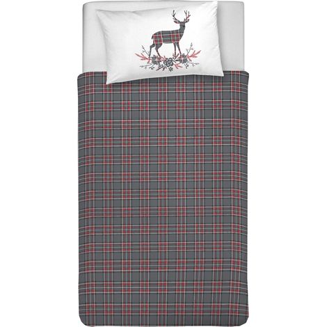 Parure de lit Simple 100% Coton, avec Sac 155 x 200 cm et 1 taie d'oreiller 52 x 82 cm, fabriquée en Italie, Housse de Couette Lavable en Machine à 40 °, Motif Tartan cerf (1/2)