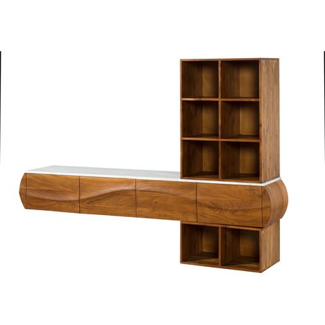 Massivmoebel24.De – Ensemble de meubles de salon en bois d'acacia 204x40x145 – Finition laquée naturelle – Plateau en marbre blanc – Style contemporain