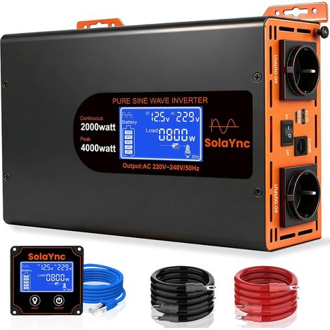 2000W/4000W Convertisseur 12V 220V/230V Pur Sinus avec écran LCD, télécommande, 2 Prises AC EU, Interface Type-C 30W et Port USB,pour Voitures, Bateaux, camions (1/5)
