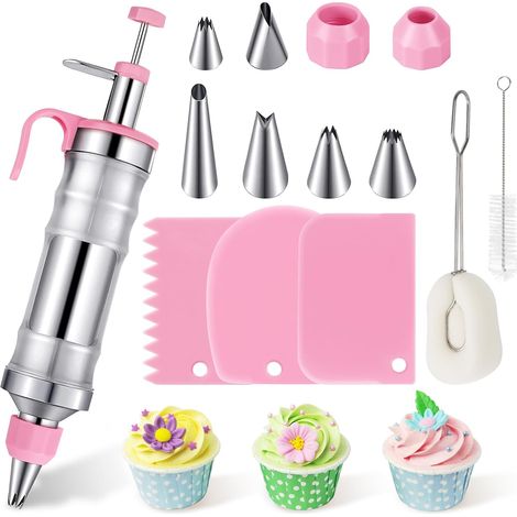 Pistolet à Crème Inox 400ml Rose, 6 Douilles + 3 Peignes, Pâtisserie Pro, Décoration Gâteau Cupcake (1/5)