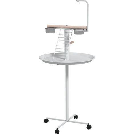 Mangeoire à oiseaux sur pied avec 4 roulettes perchoir 2 bols amovibles plateau rond acier inoxydable Ø 60 x 138H cm blanc (1/5)