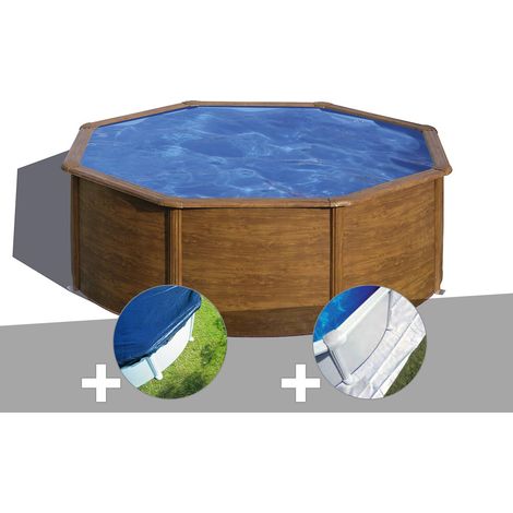 Kit piscine acier aspect bois Gré Sicilia ronde 3,70 x 1,22 m + Bâche hiver + Tapis de sol