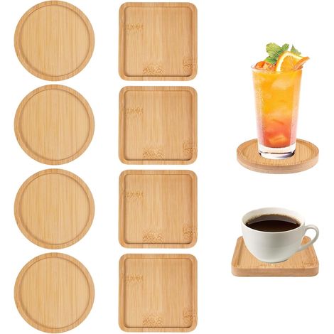8 Pièces Dessous de Verre Bois, 4 Ronds (9,5cm) et 4 Carrés (9cm) (1/5)