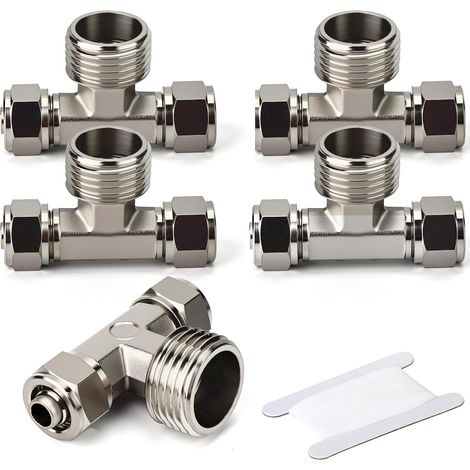 5 pièces Té pneumatique de raccordement par compression en laiton nickelé en forme de T, Séparateur de tuyau à 3 voies à filetage mâle central,1/8 BSP mâle × 6mm tube (1/5)