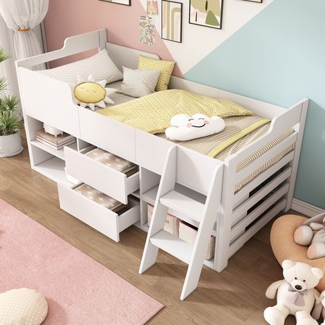 Mid Sleeper Wooden Cabin Bed Frame for with Drawers&Shelf-3ft Single (90x190cm)