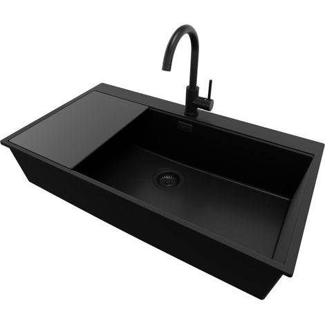 PRIMAGRAN Evier Cuisine en Granit 88x50cm, Lavabo 1 bac + Robinet 32x20cm + Kit de Vidage + Accessoire, Évier à Encastrer au meuble 90cm - Oslo, Tout Noir (1/5)