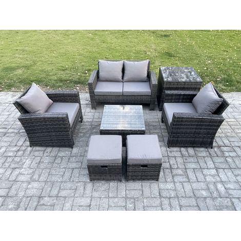 Fimous Outdoor Lounge Sofa Set Wicker PE Rattan Garden Furniture Set with Armchair Square Coffee Table Double Seat Sofa Side Table 2 Small Footstools Dark Grey Mixed (1/5)