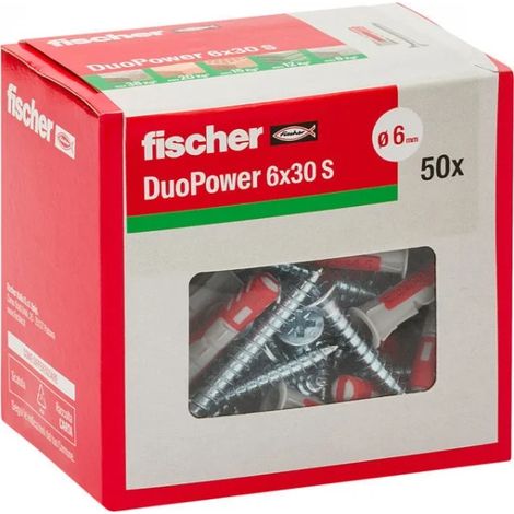 Fischer 544016 Chevilles Duopower avec vis, 6 x 30 mm, pour mur plein, brique perforee, cloison seche, 544016
