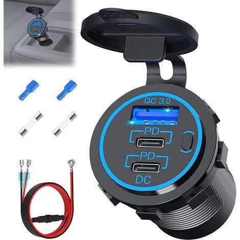 Prise USB 12V, 1set Prise de Chargeur de Voiture USBs QC3.0 avec Interrupteur Chargeur USB Filaire Multi Port, Prise Allume Cigare pour Android Phones Adapté à la Voiture Bateau (1/5)