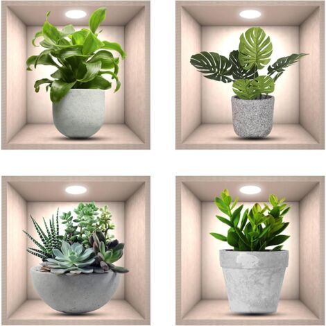 BUNTHAUS stickers muraux cuisine, 4pcs réaliste vert plante en pot imperméable mur art stickers 3D vinyle amovible stickers muraux salon chambre salle de bains cuisine décoration de bureau (1/4)