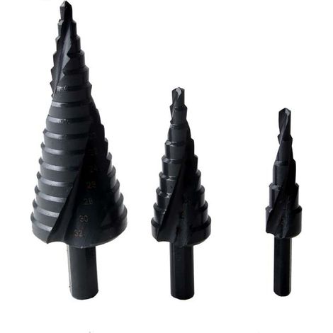 Foret Étagé Ensemble 3 pièces 4-12mm/4-20mm/4-32mm, HSS Flûte Spirale en Nitrure Poignée Triangle Foret Pagode pour Acier au Carbone, tôle, Panneaux isolants, Panneaux en PVC, Planches (1/4)