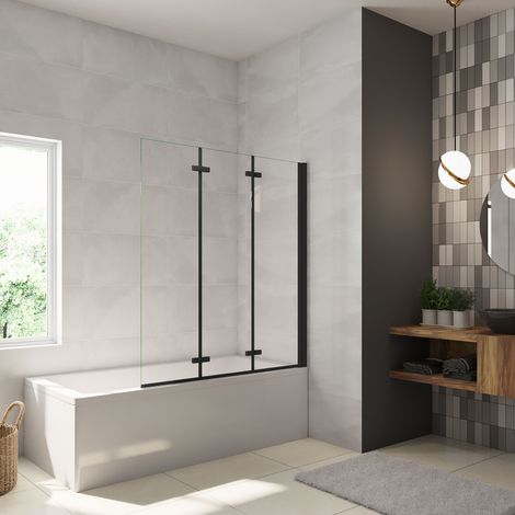 Parete Doccia Per Vasca da Bagno 130x140 cm 3 Ante Movibili Pieghevoli a Libro in Vetro Temperato 6 mm Trasparente Anticalcare Telaio Nero Opaco (1/5)