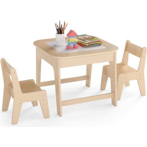 Table pour enfants avec 2 chaises, groupe d'assise pour enfants 3 pièces en bois avec plateau double face - naturel (1/5)