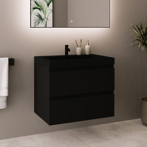 LOMAZOO Meuble de Salle de Bain 60cm Chêne Noir - Vasque Noire -