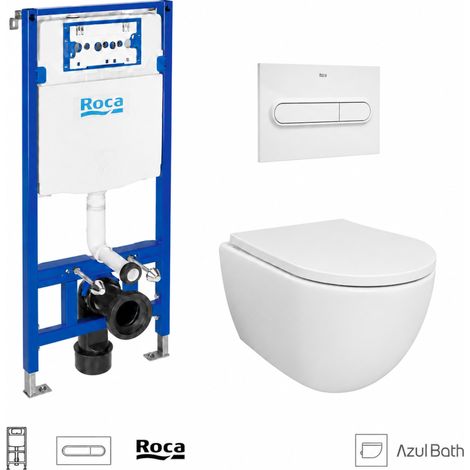 Pack WC Bastidor empotrado ROCA Duplo cisterna empotrada y pulsador PL1 blanco brillo con inodoro suspendido SWISS 53 cm Tornado y Soft-Close de AzulBath (1/5)