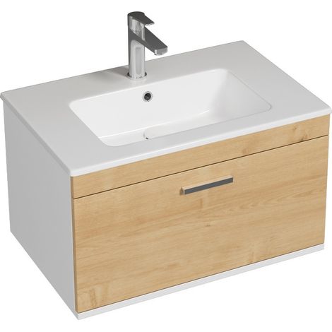 RUBITE Meuble salle de bain simple vasque 1 tiroir chêne clair largeur 70 cm (1/4)
