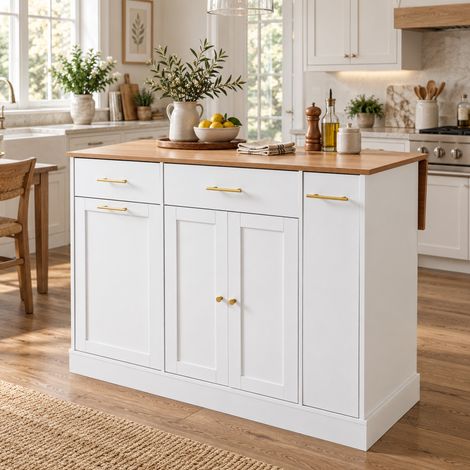 Isla de cocina 120 cm blanca de aglomerado con encimera abatible - CHICFURN (1/5)