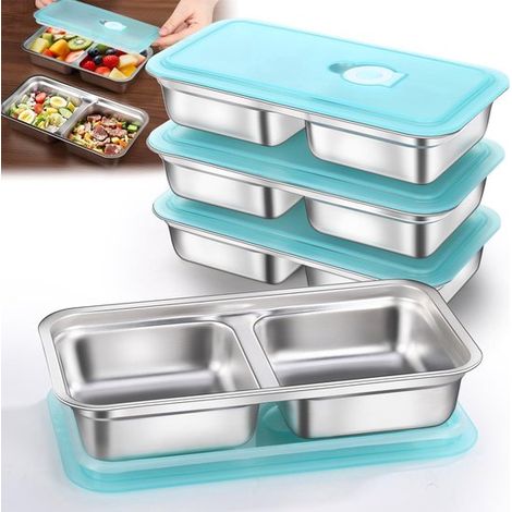 Set di 4 contenitori per snack in acciaio inox,con 2 scomparti per la conservazione degli alimenti e coperchio a tenuta stagna (1/5)