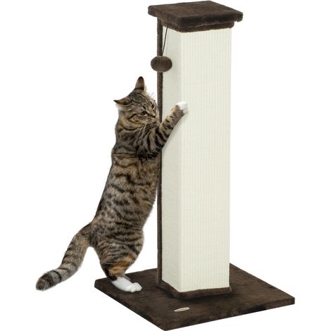 81 cm hoher, vertikaler Kratzbaum für Katzen, mit Natursisalseil, Hängeball und weichem Plüsch – Braun