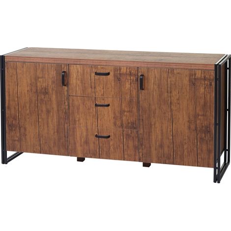 Credenza con due vani portaoggetti 3 cassetti 80x160x40 cm MDF rovere e aspetto metallo 040005983