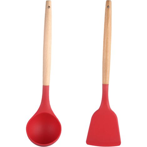 Ustensiles De Cuisine - Spatule Et Cuillère En Silicone Résistant À La Chaleur Avec Manche En Bois - Pour Poêles Antiadhésives - Lot De 2 Pièces (1/5)