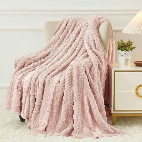 Plaid Flanelle - 127 x 152 cm - Motif Floral 3D - Doux et Léger - Pour Canapé Lit ou Extérieur - Rose - 1 Pièce (1/5)