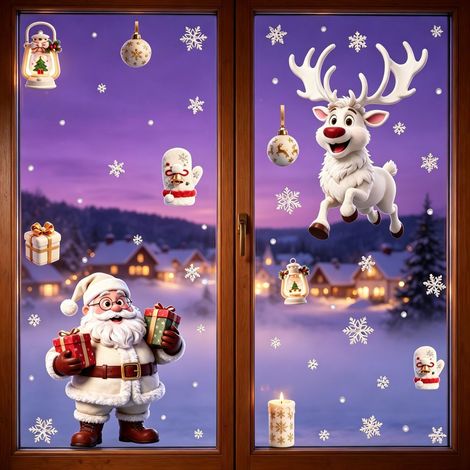 Autocollants de Noël populaires en platine pour fenêtres, autocollants en verre Père Noël, sapin de Noël, bonhomme de neige, autocollants statiques de maison de Noël