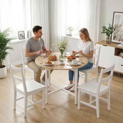 Table de salle à manger pliante. Table ronde pliante de 80 cm avec structure en acier. 2 à 4 couverts. Aspect bois naturel. (1/5)