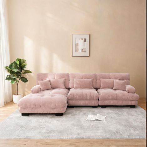 Tissu chenille rose canapé d'angle modulable avec pouf (1/5)