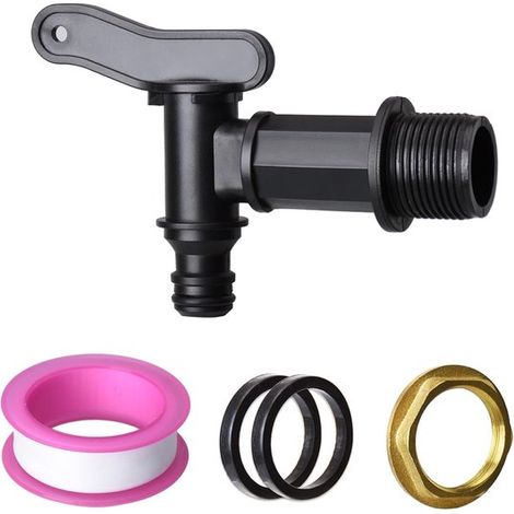 Grifo de plástico para barril de agua de 3/4", barril de lluvia, barriles de agua, rosca BSP, grifo de repuesto con tuerca de latón, color negro (1/5)