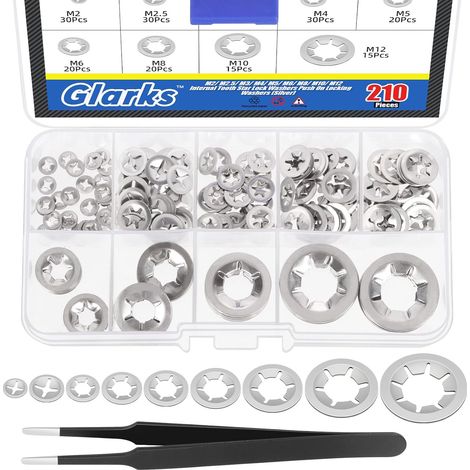 210 pièces métrique m2 m2.5 m3 M4 M6 M8 M10 M12 304 inox denture intérieure étoile rondelle de verrouillage Kit combiné bague d'extrapolation rondelle de verrouillage rapide avec 1 pièce pince (1/5)