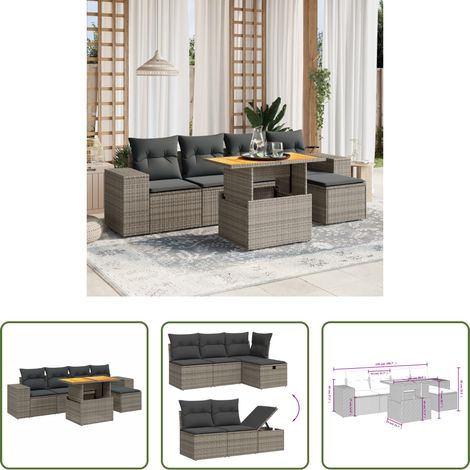 vidaXL Table de jardin - Salon de jardin 6 pcs avec coussins gris résine tressée (1/5)