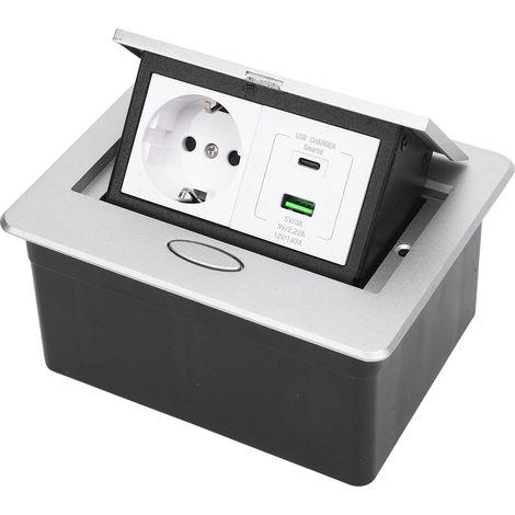 Multiprise encastrable à 2 broches avec ports USB A et C, charge rapide PD20W, idéale pour les bureaux, hôtels et écoles (couleur argent). (1/5)