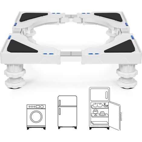 Support Machine à Laver avec 4 pieds rembourrés verrouillables, Réglable Largeur 40-62cm et Hauteur 10-12.5cm, Socle Lave Linge Charge 200KG, Bases de Réfrigérateur et Sèche-Linge, Blanc (1/5)