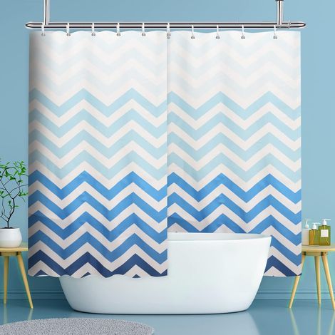 Rideau de douche en tissu extra large 300 x 200 cm, lavable, dégradé de bleu à blanc, motif chevrons, pour salle de bain et baignoire, parfait comme séparateur de pièce, largeur 300 x hauteur (1/5)